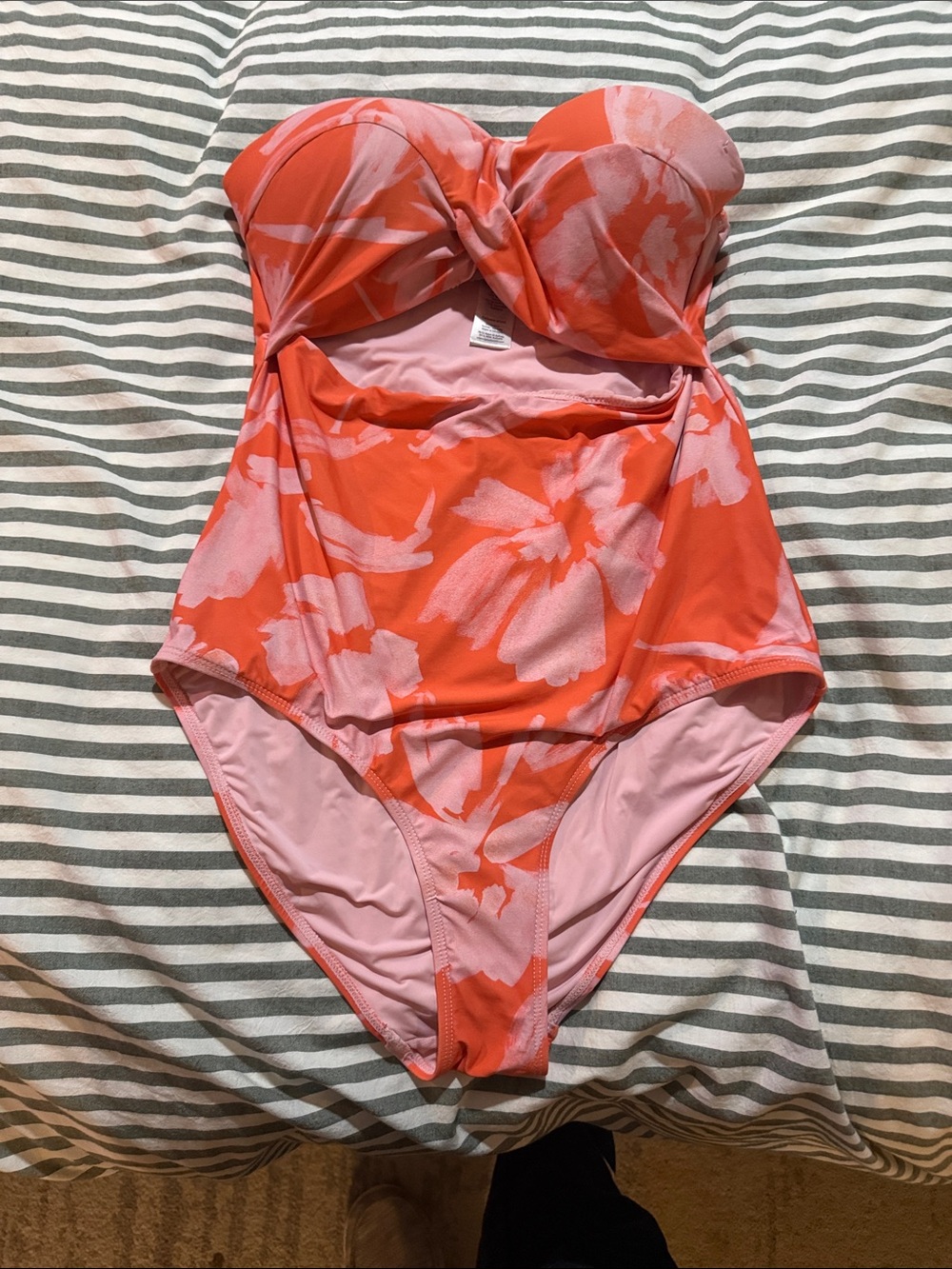Strapless Twist-Front One-Piece Swimsuit in Coral and Light Pink